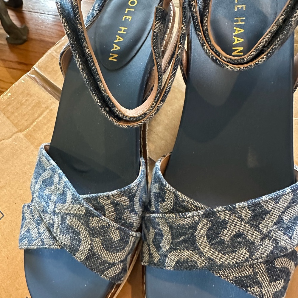 Cole Haan Blue Denim Logo Espadrille Wedge Sandals. NWOB - Picture 5 of 7